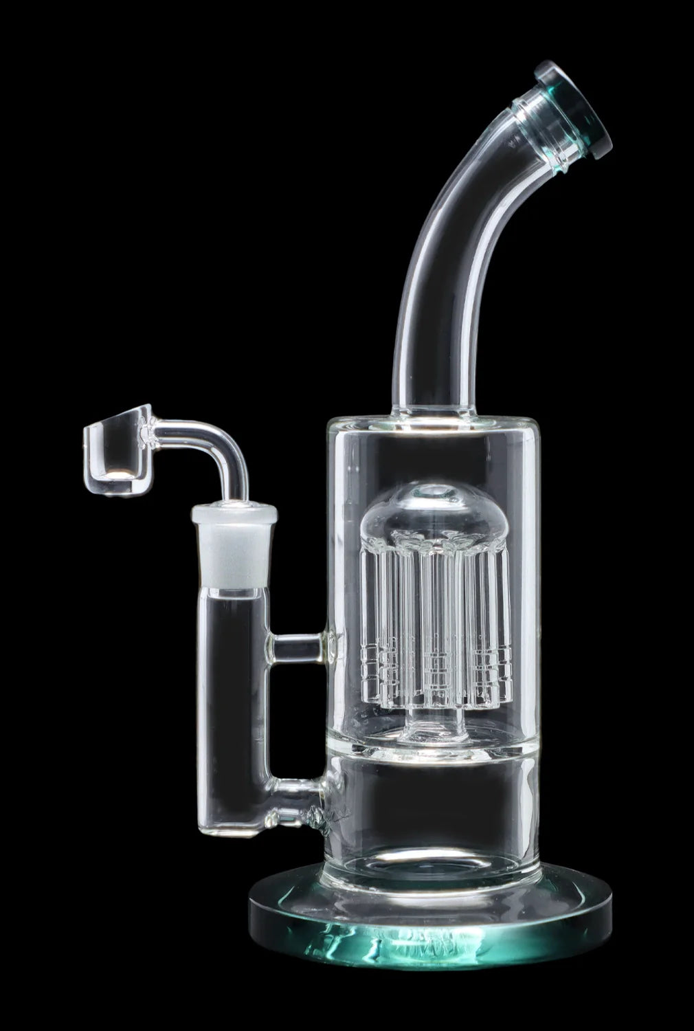 Clear glass water pipe (rig) with intricate percolator and accompanying dab nail, isolated on black.