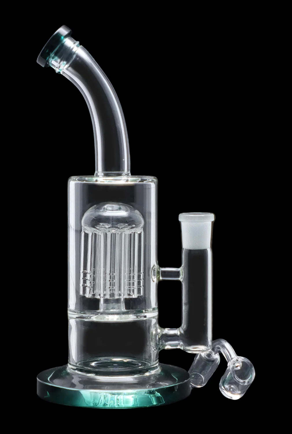 Clear glass water pipe (bong) with percolator and teal accents, isolated on a black background.