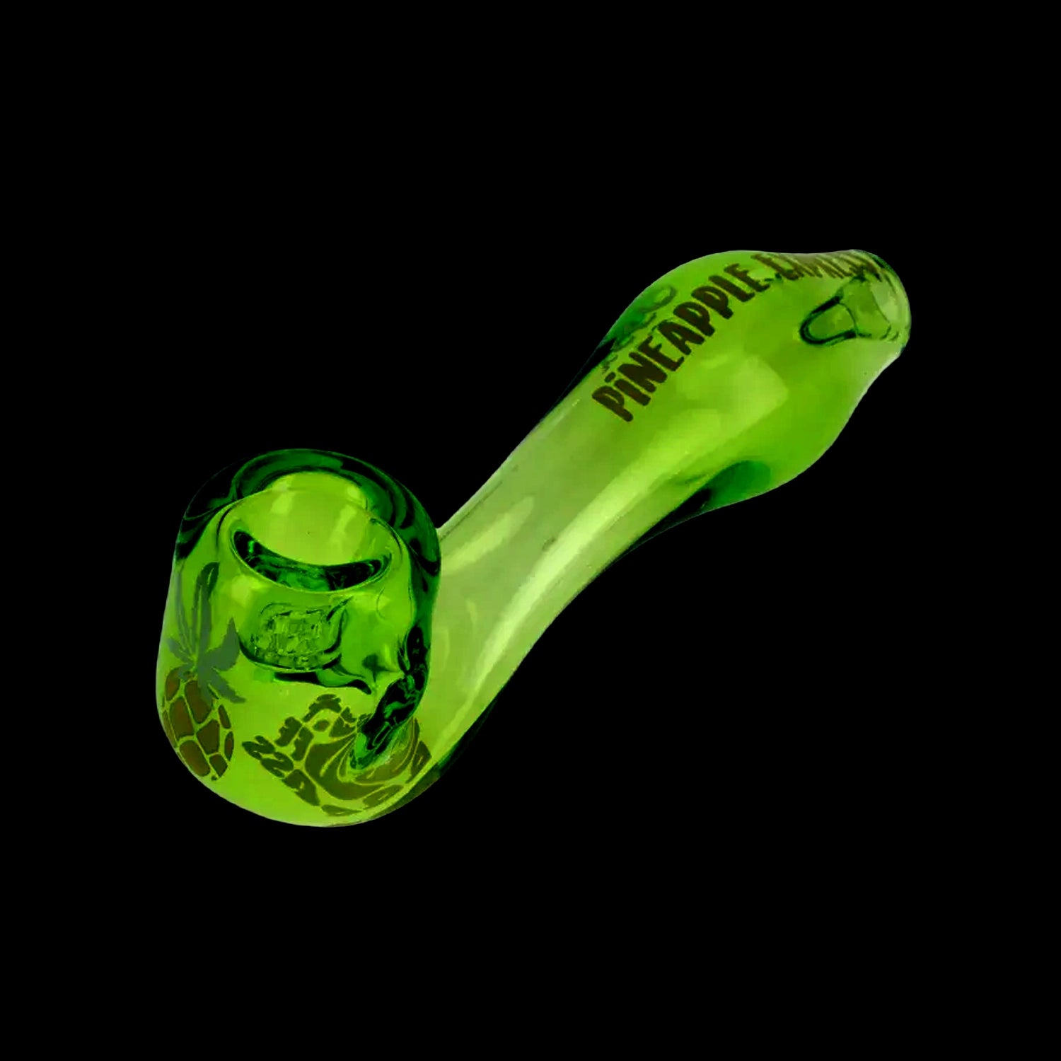 Angled close-up of a translucent green Puff Puff Pass Sherlock Hand Pipe against a black background, showing the bowl and printed "PINEAPPLE" text.