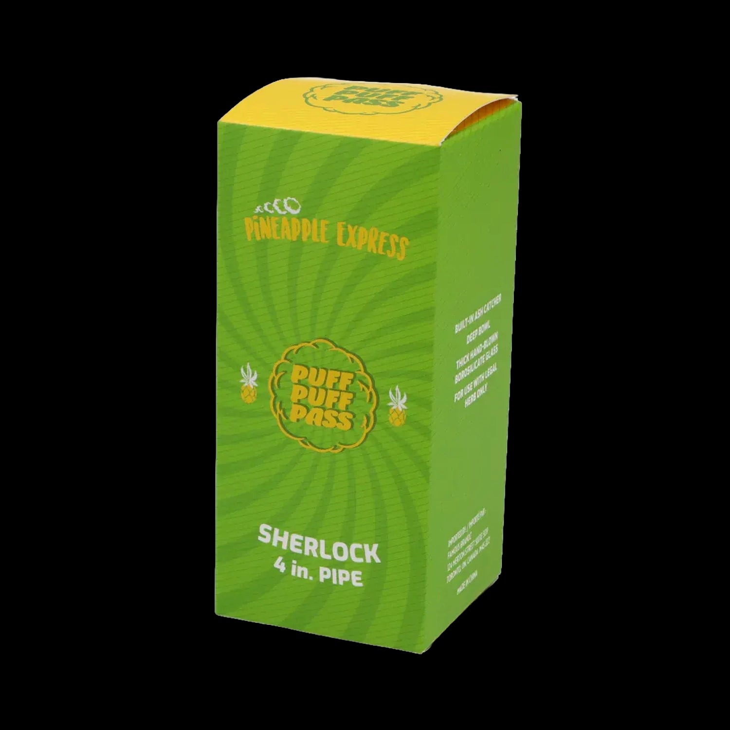 Three-quarter view of the green and yellow Puff Puff Pass Sherlock Hand Pipe packaging with bold logo and product text visible.