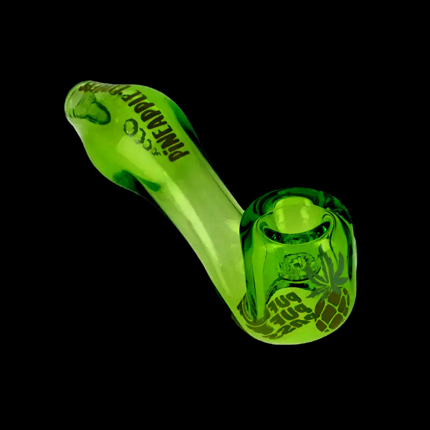 Angled close-up of the lime-green Puff Puff Pass Sherlock Hand Pipe against a black background, showing the bowl and printed logo.