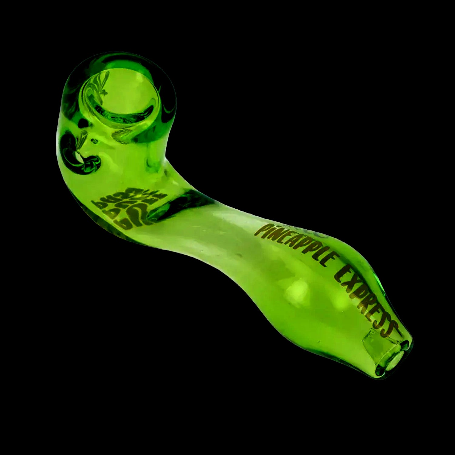 Angled close-up of a translucent lime-green Puff Puff Pass Sherlock Hand Pipe against a black background, showing the bowl, curved stem, and printed "PINEAPPLE EXPRESS" text