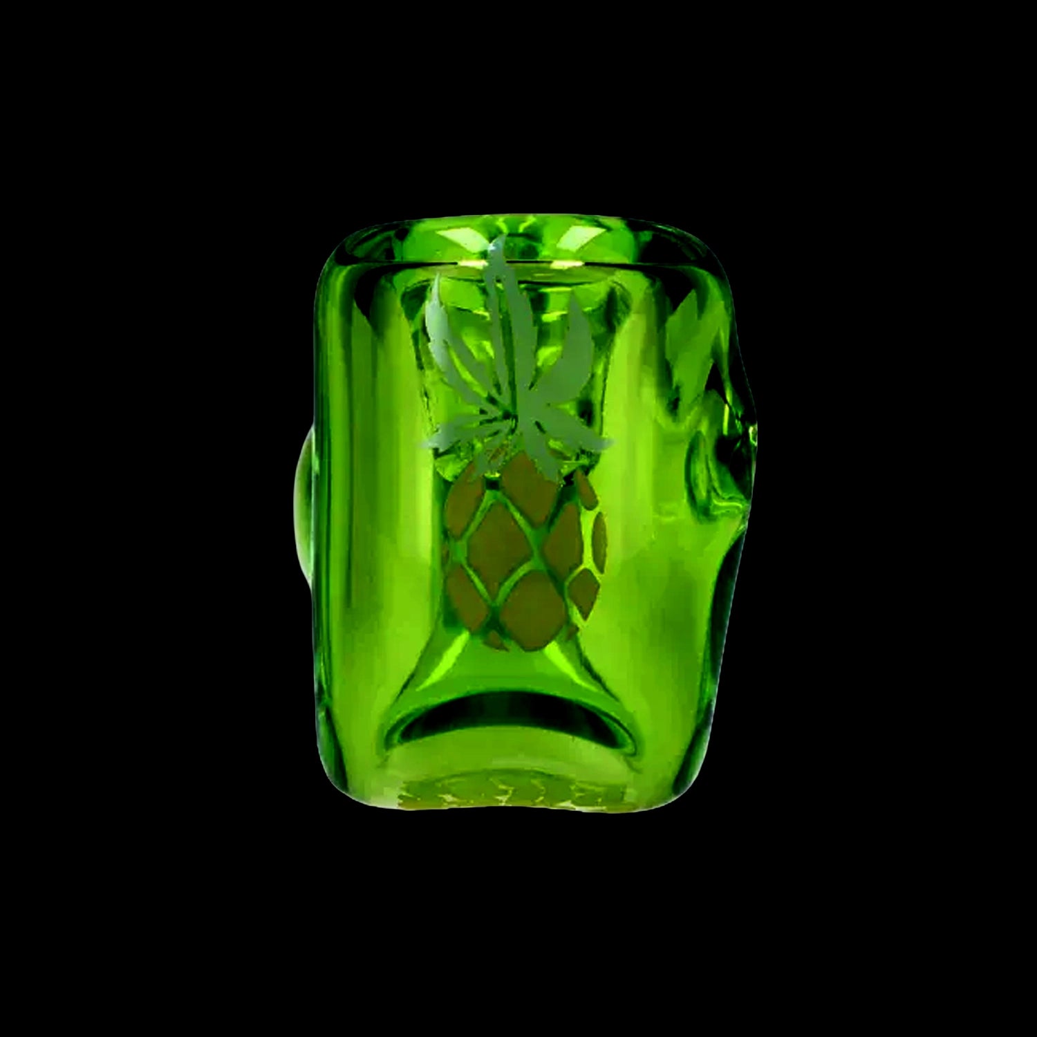Close-up front view of the bright green Puff Puff Pass Sherlock Hand Pipe showing a pineapple and leaf design on black.