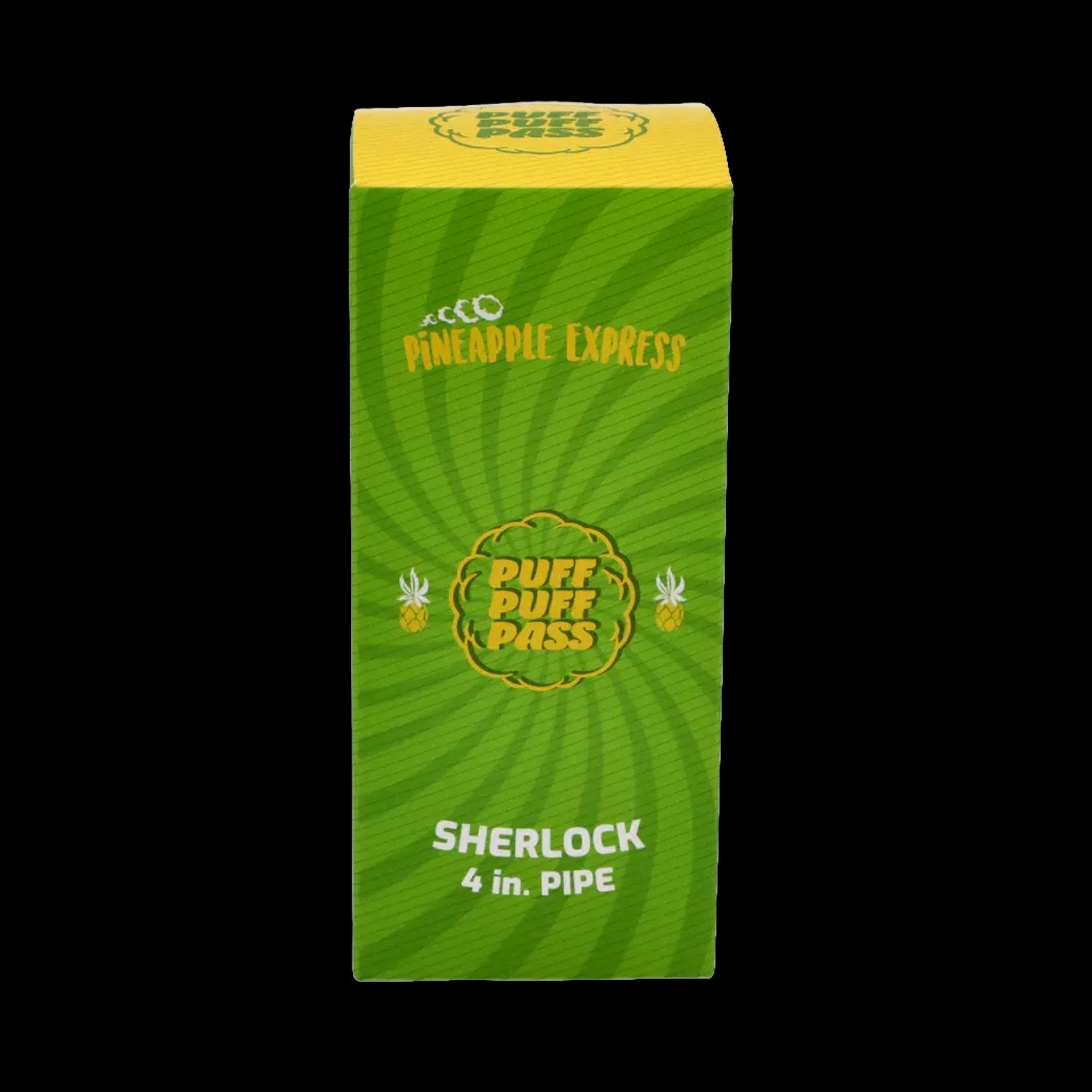 Front view of the green Puff Puff Pass Sherlock Hand Pipe box with yellow logo and pineapple graphics on a black background