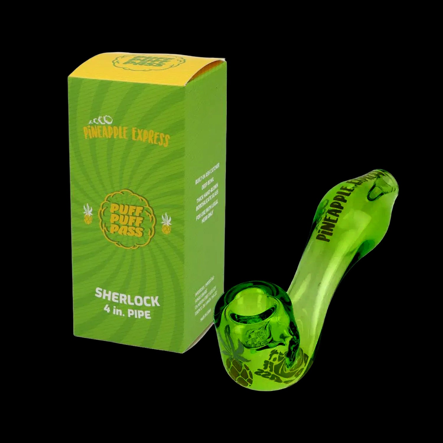 Angled close-up of the green Puff Puff Pass Sherlock Hand Pipe resting beside its matching green "Pineapple Express" box against a black background.