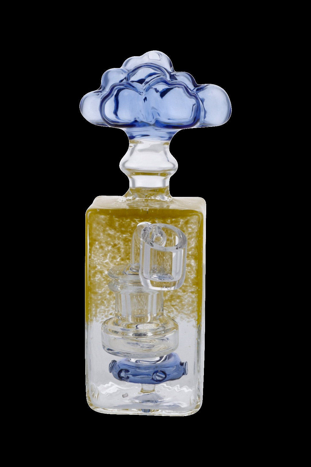 Hand-blown glass bubbler with blue cloud-shaped mouthpiece and gold glitter within the clear glass body.