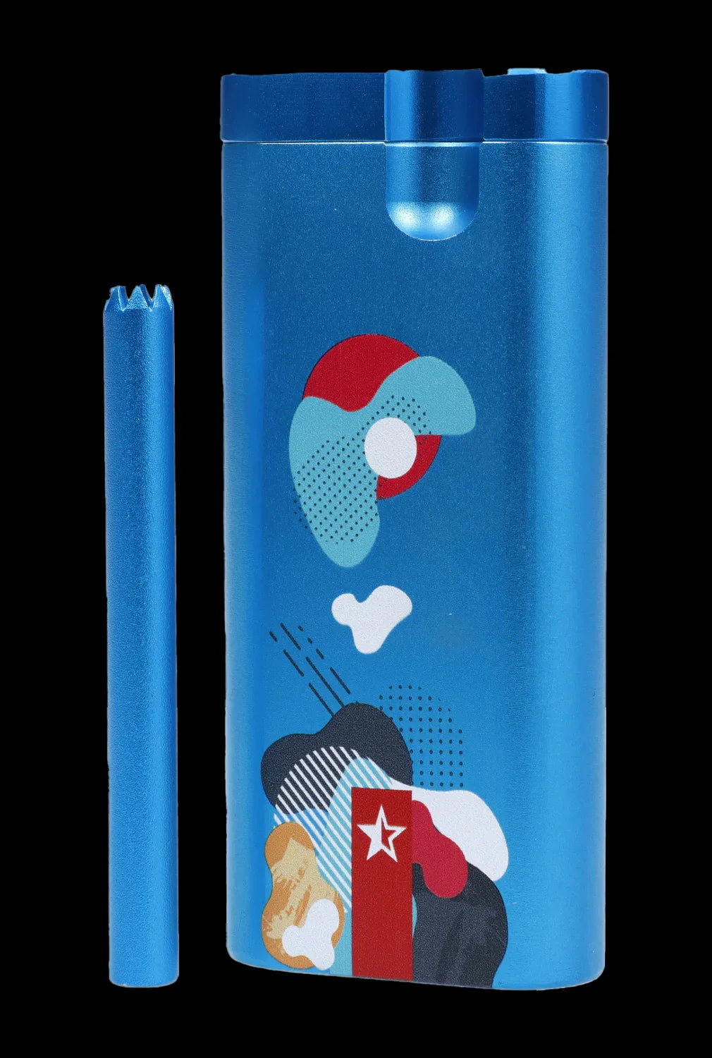 Blue glass cannabis bubbler with abstract geometric design.