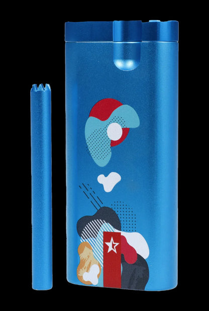Blue glass cannabis bubbler with abstract geometric design.
