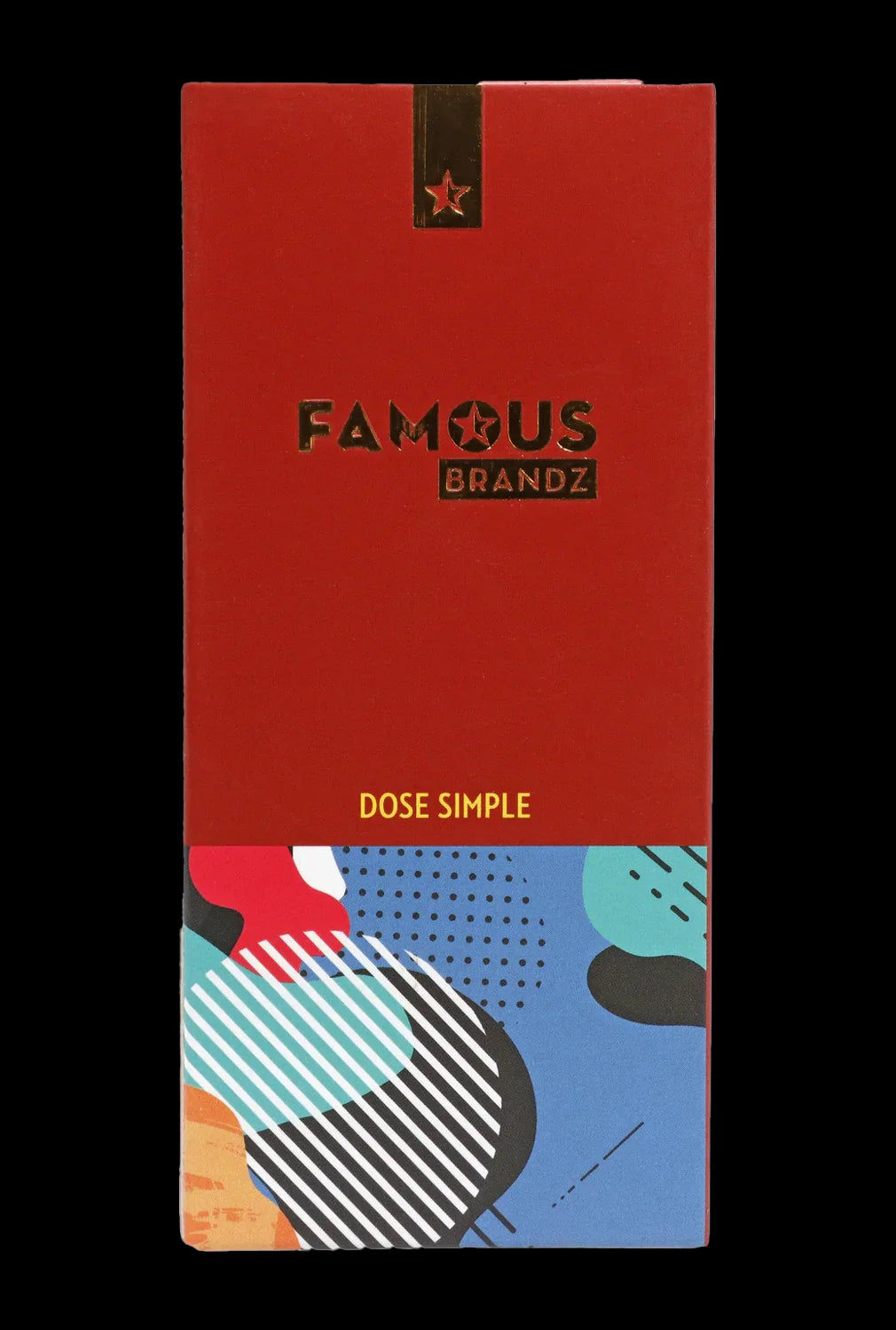 Red packaging for “Dose Simple” cannabis accessories by Famous Brandz, featuring abstract geometric designs.