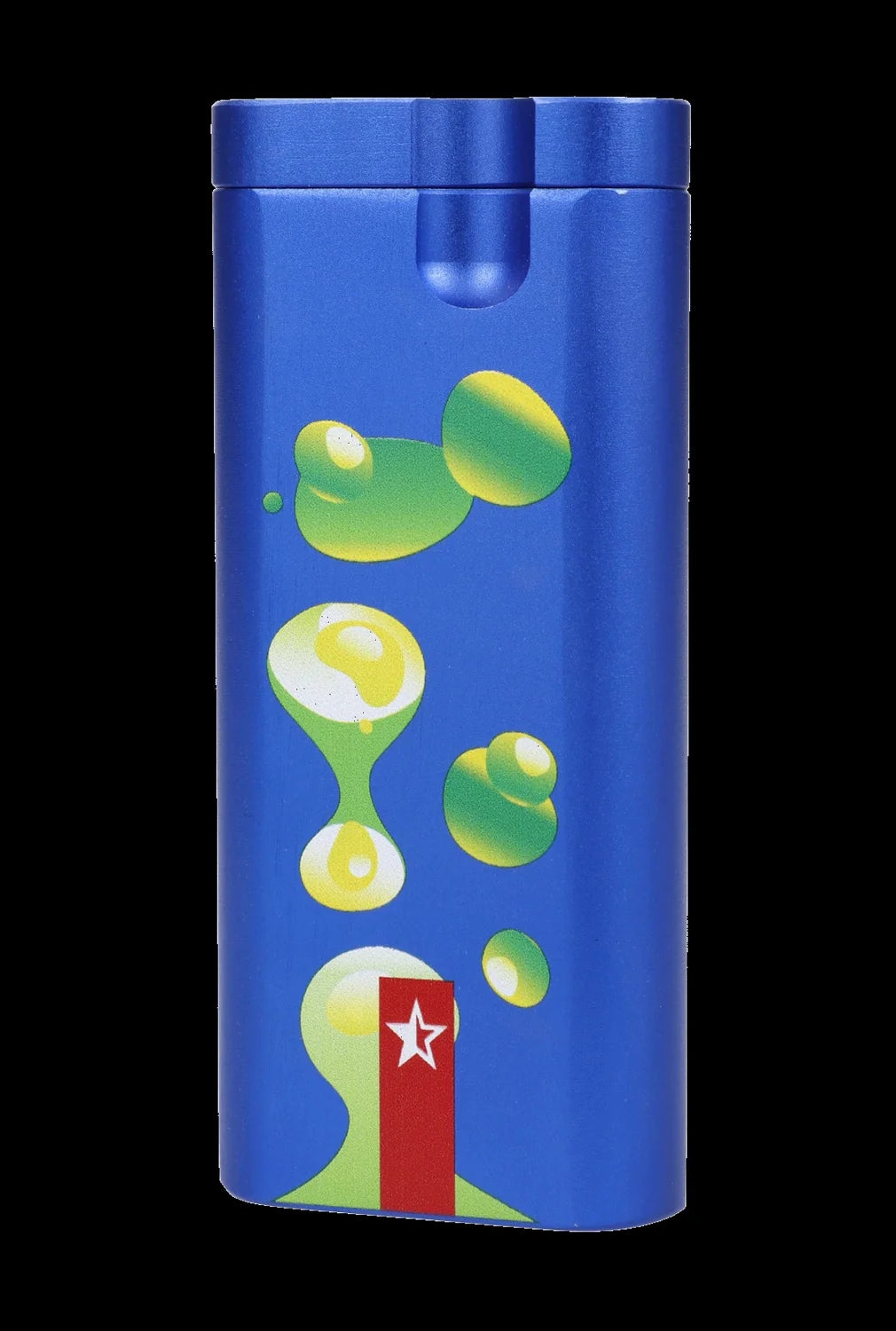 Blue cannabis oil vape pen with green bubble-like designs and a red and white star emblem.