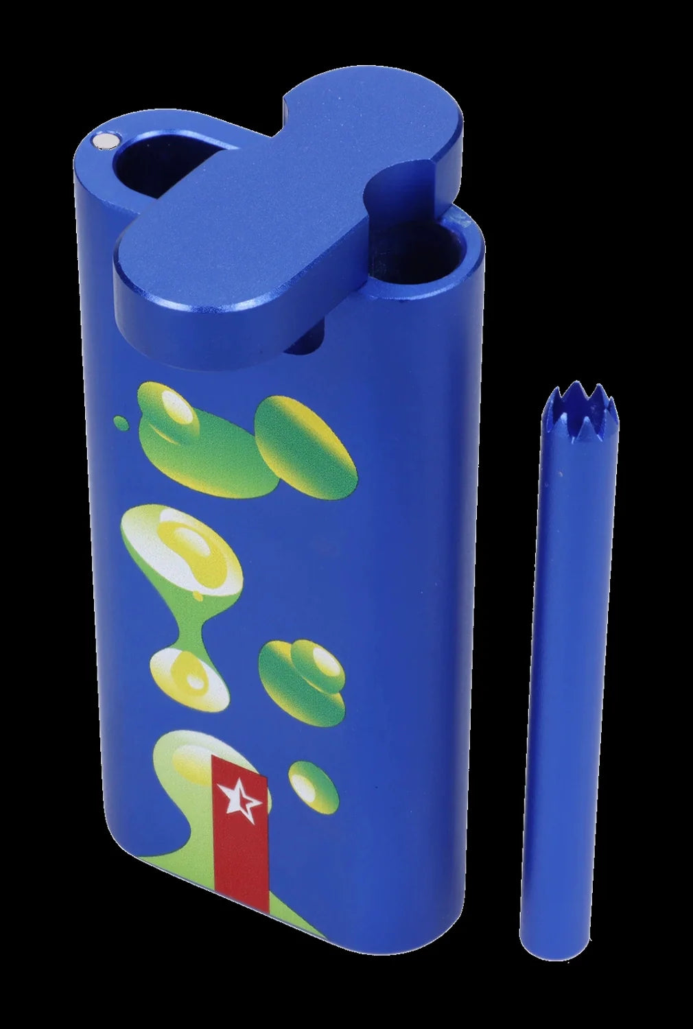 Blue one-hitter pipe with a green cannabis leaf design and a detachable chill stem.