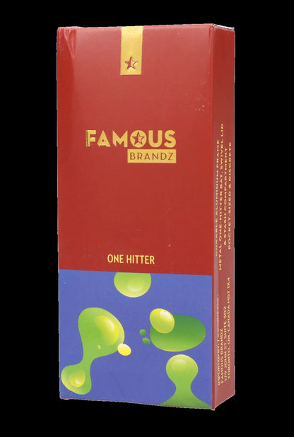 Red packaging for “Famous Brandz” One Hitter, featuring a dripping green graphic and product details.