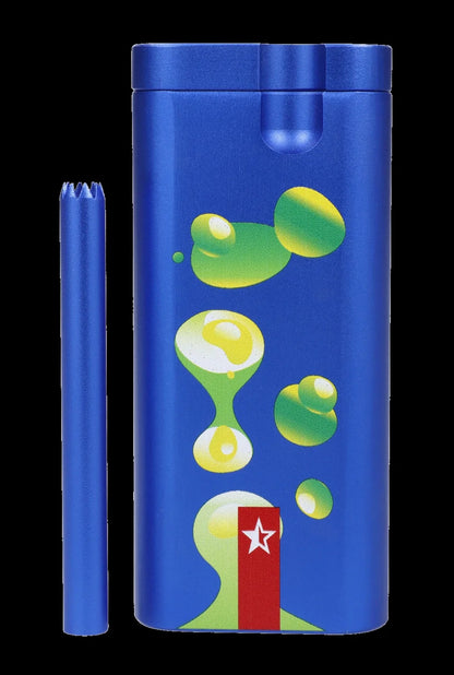 Blue cannabis one-hitter pipe with bubbling green design and star emblem.
