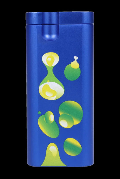 Blue metal container with abstract, luminous green cannabis-leaf-shaped designs.
