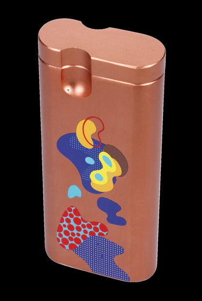 Orange cannabis case with colorful, abstract pop art design.