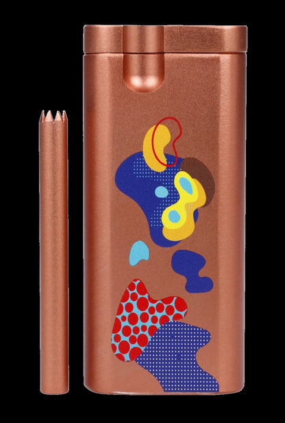 Copper-colored cannabis container and one-hitter with abstract blue, yellow, and red patterned design.