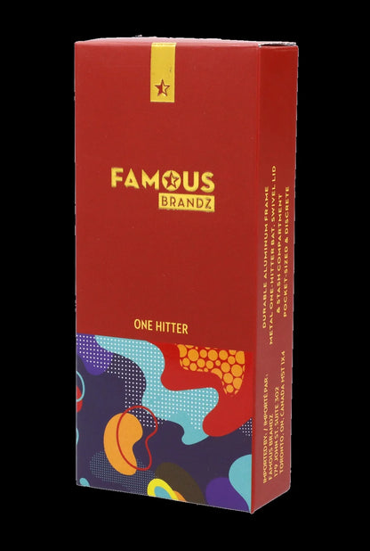 Red packaging for “Famous Brandz” one-hitter, featuring abstract floral designs and product details.