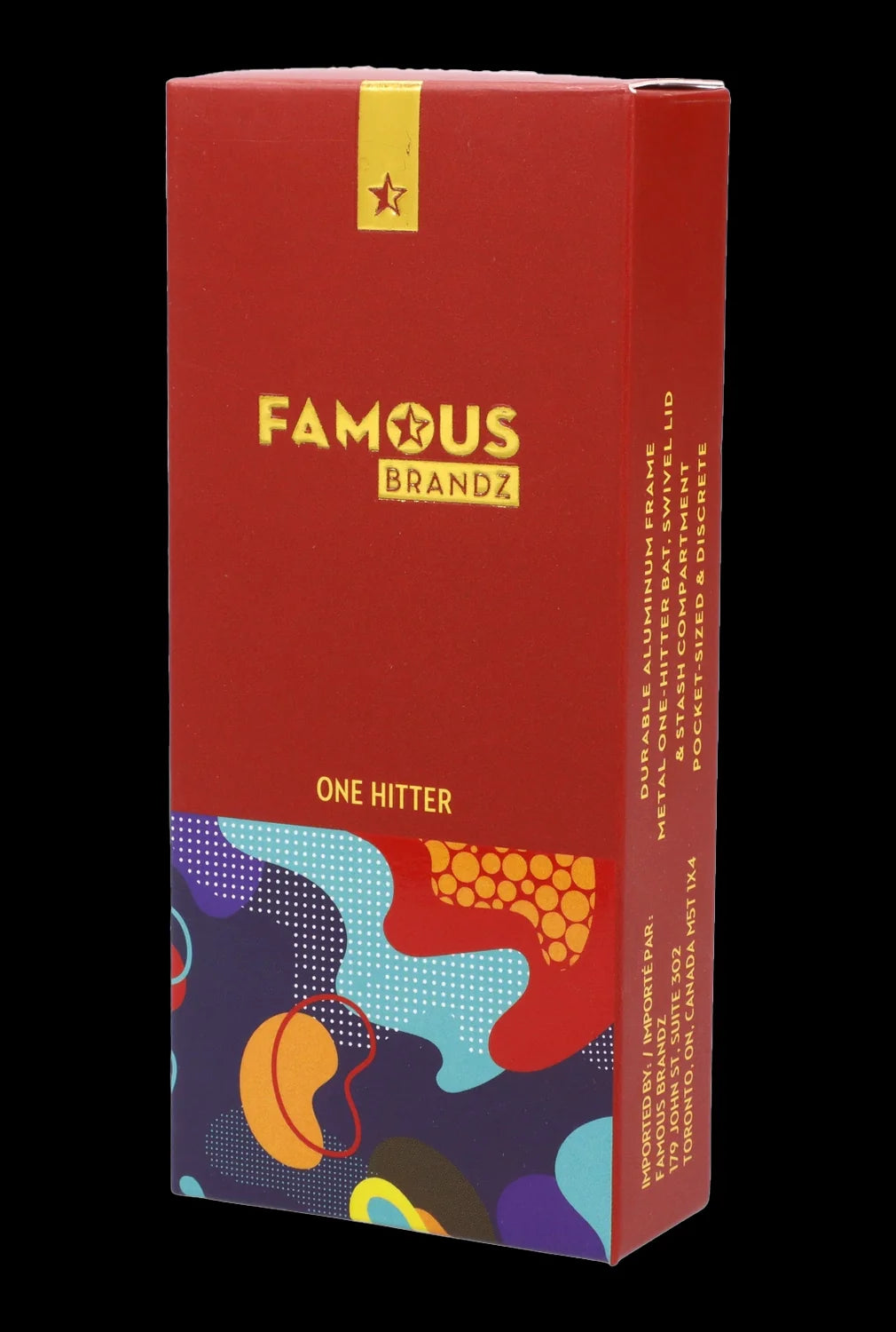 A red box for “Famous Brandz” one-hitter, featuring colorful abstract designs and details about its durable aluminum frame and stash compartment.