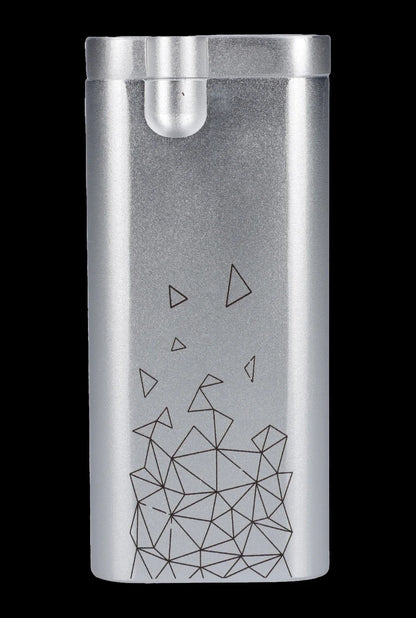 Silver cannabis storage tube with geometric diamond design.