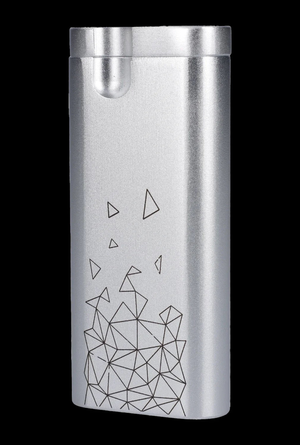 Silver butane lighter with geometric triangle design.