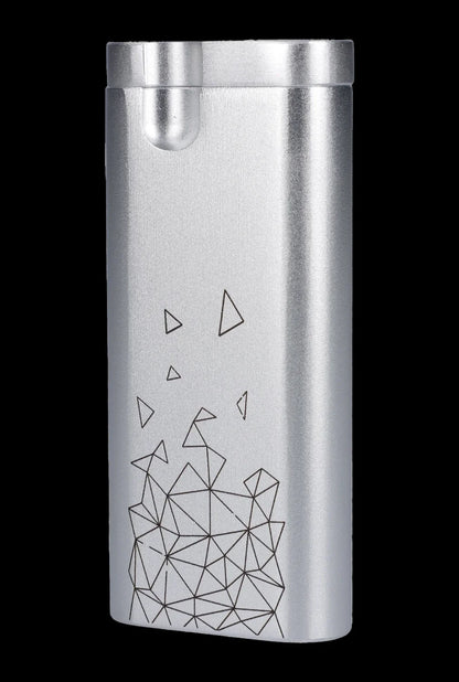 Silver butane lighter with geometric triangle design.