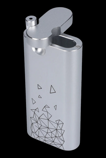 Silver butane lighter with geometric triangle design, commonly used for cannabis consumption.