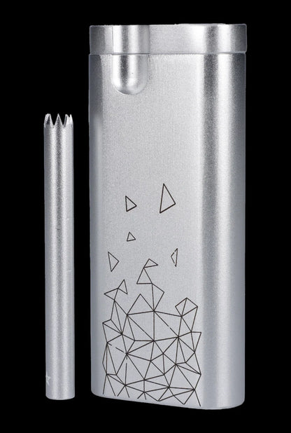 Silver cannabis one-hitter pipe and glass filter tip with geometric design.