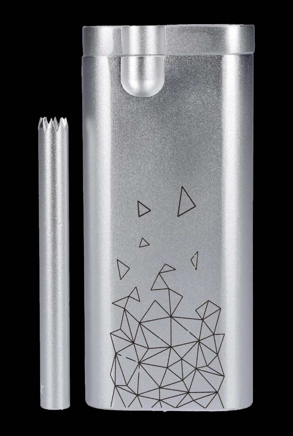 Silver metal cannabis smoking pipe with geometric design and accompanying cleaning pick.