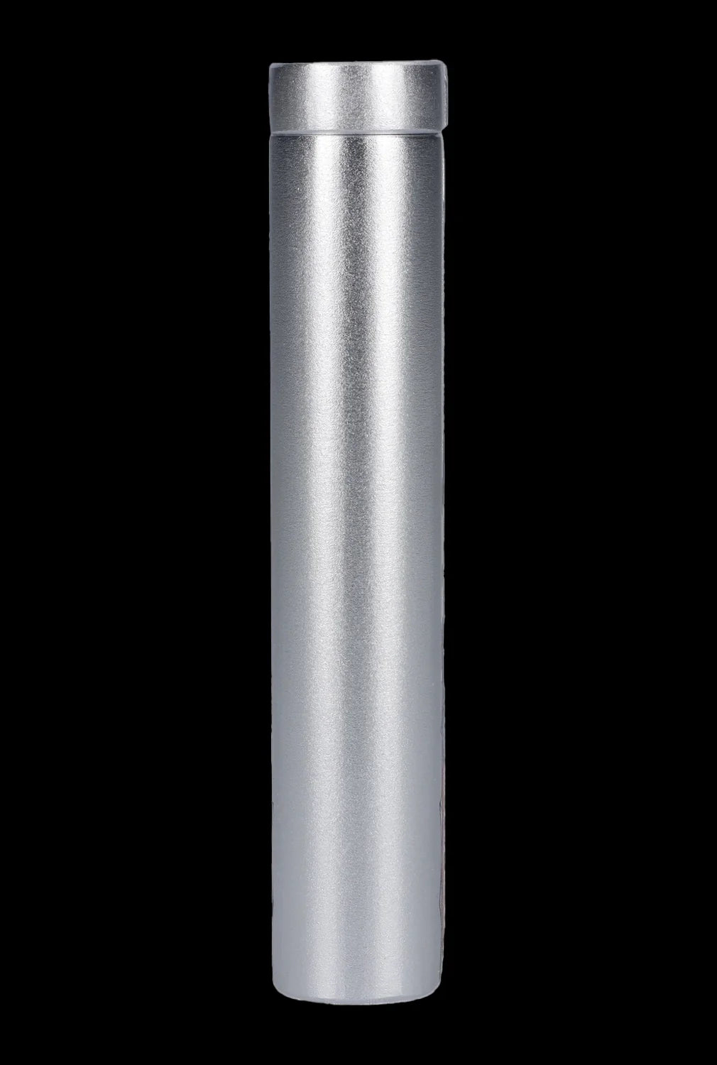 Silver cannabis oil vape cartridge on a black background.