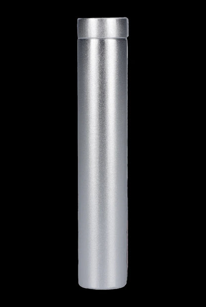 Silver cannabis oil vape cartridge on a black background.