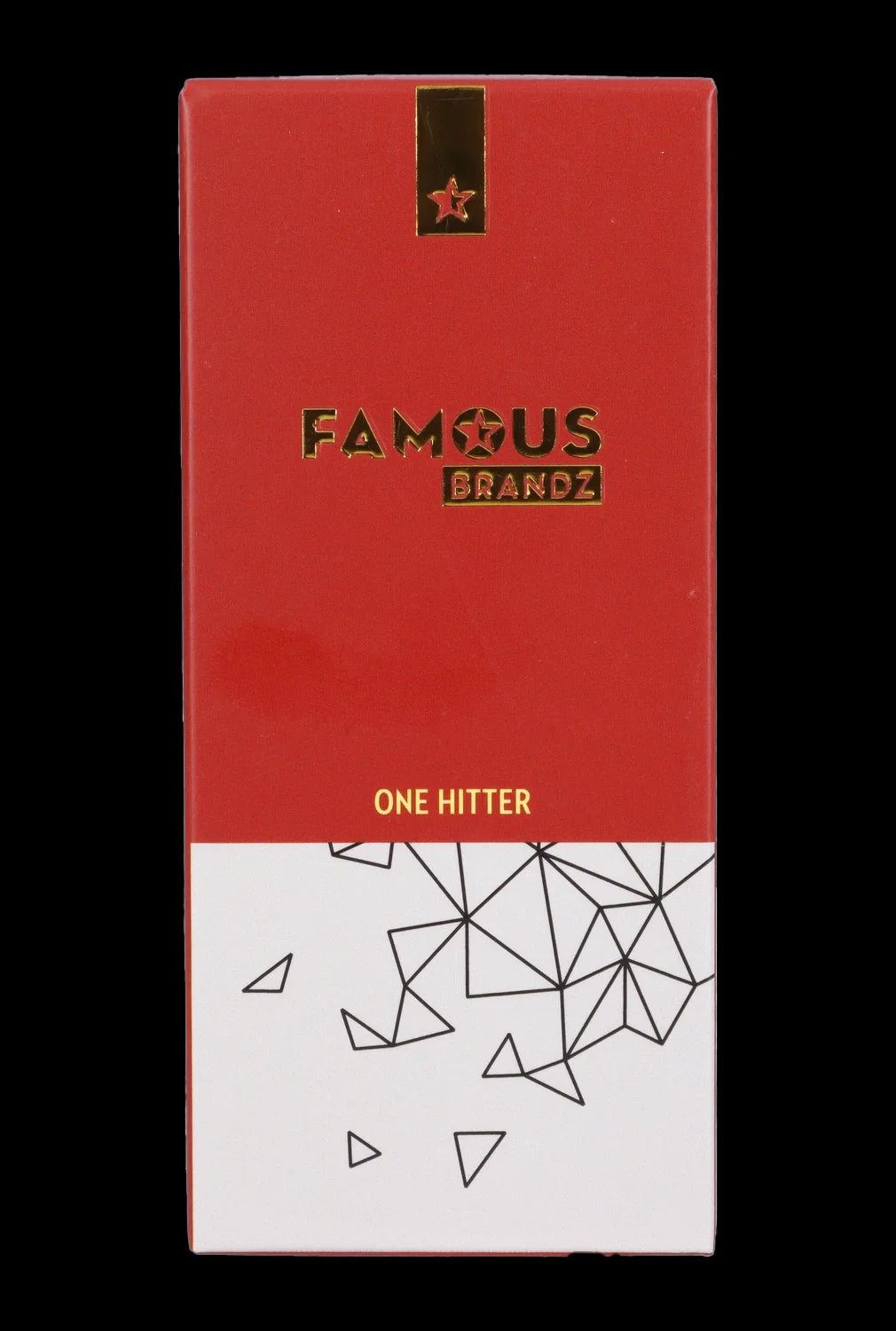 Red packaging for “Famous Brandz” One Hitter, featuring white geometric designs.