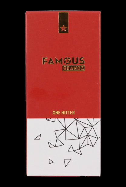 Red packaging for “Famous Brandz” One Hitter, featuring white geometric designs.