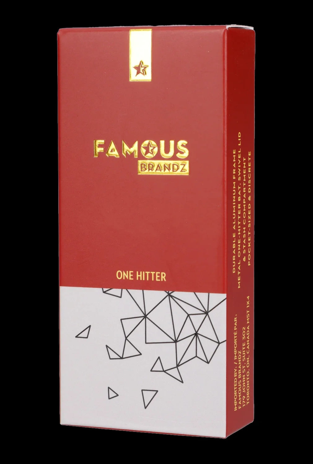 Red packaging for “Famous Brandz” One Hitter, a durable aluminum smoking device with a geometric design.