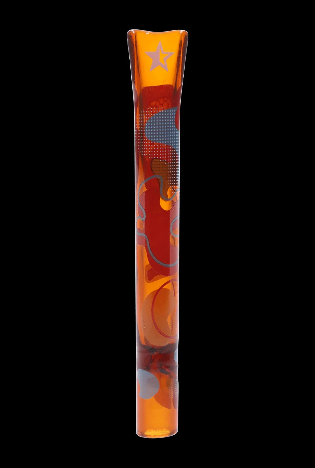 Hand-blown glass cannabis pipe with orange and red swirls.