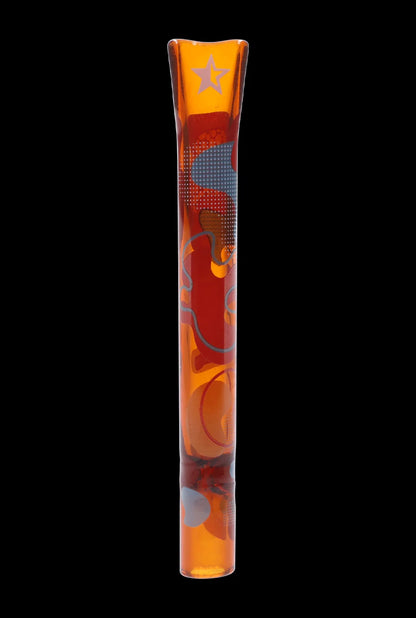 Hand-blown glass cannabis pipe with orange and red swirls.