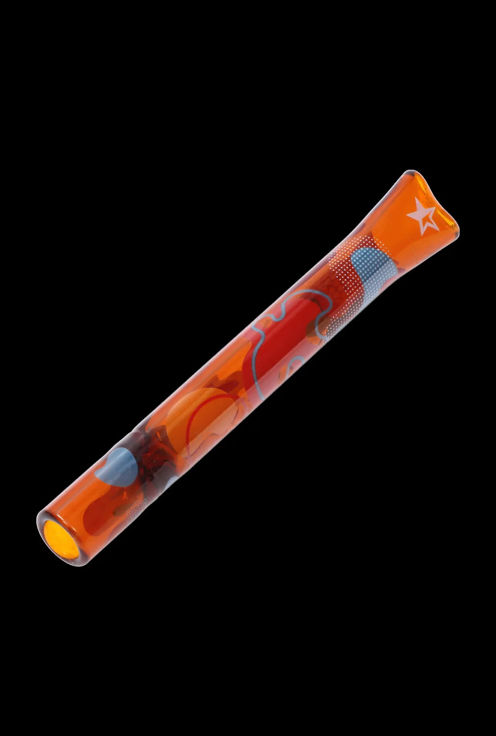 Orange glass blunt with colorful swirls and a star engraving.