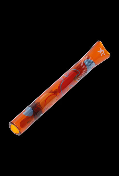 Orange glass blunt with colorful swirls and a star engraving.