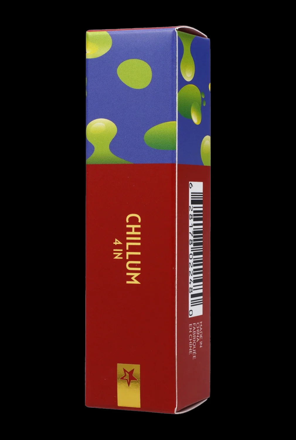 Red and blue packaging for “Chillum 4 IN” smoking accessory, with a barcode and “Made in China” text.