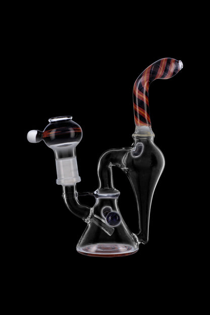 Clear glass water pipe (rig) with red and white striped accents, studio shot on black background.
