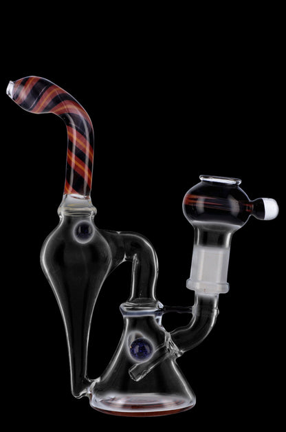 Clear glass water pipe (rig) with red and white striped mouthpiece and percolator, isolated on a black background.