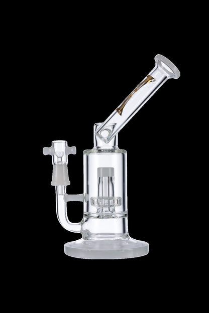 Clear glass bubbler water pipe with intricate percolator.