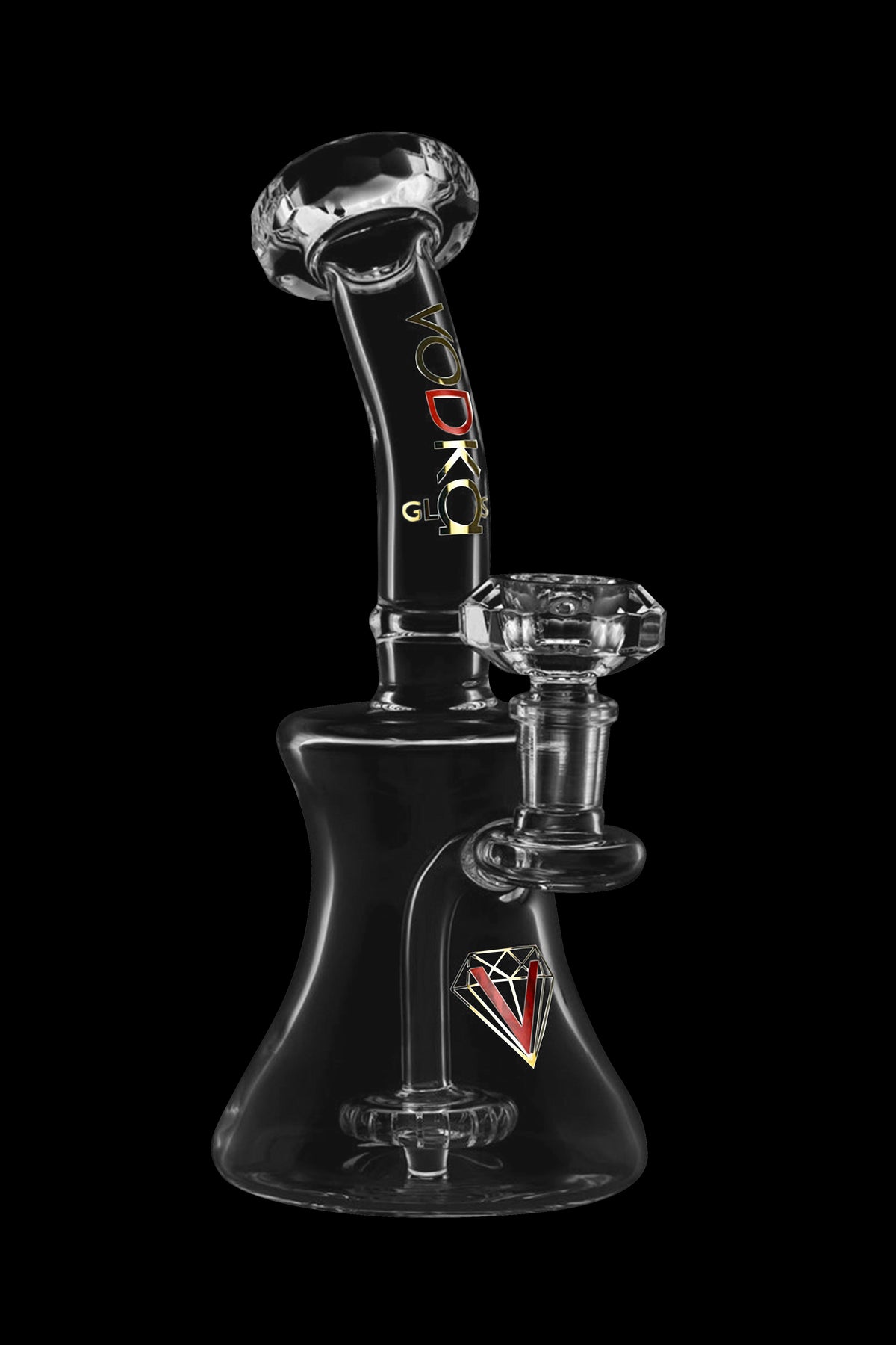 Black glass bong with clear accents and red diamond logo, isolated on a black background.