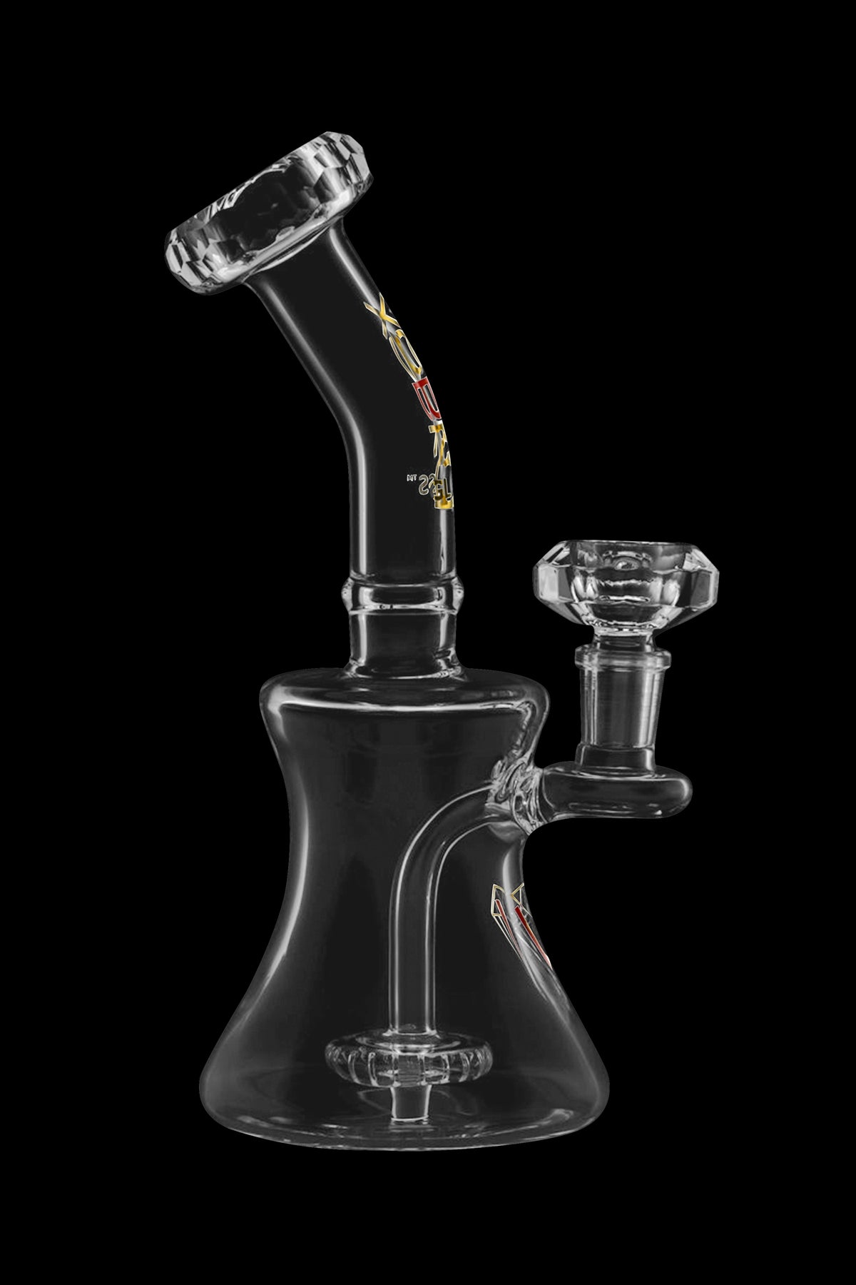 Clear glass water pipe (bong) with ice catcher and bowl piece.