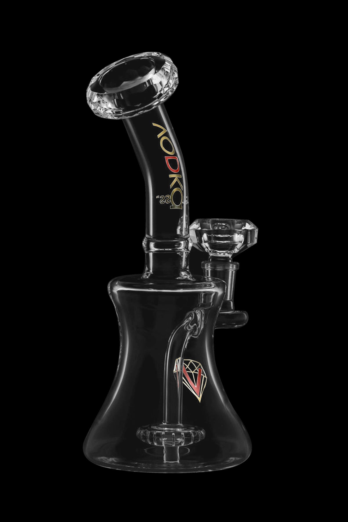 Black glass rig with intricate curves and a clear glass bowl, featuring red branding.