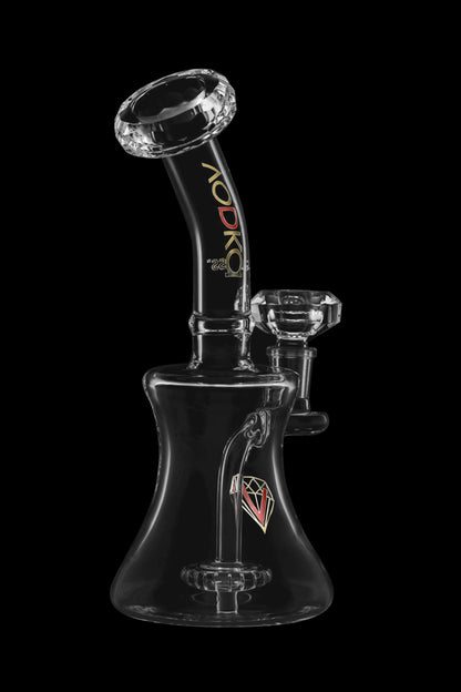 Black glass rig with intricate curves and a clear glass bowl, featuring red branding.