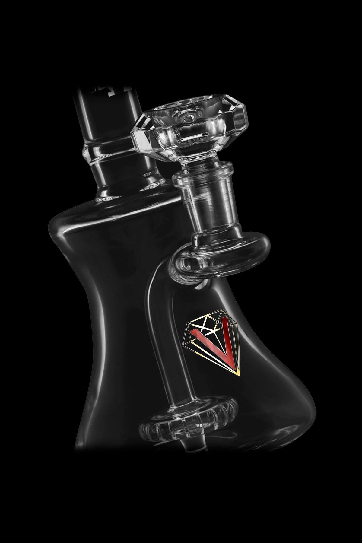 Black glass water pipe with red and white diamond logo.