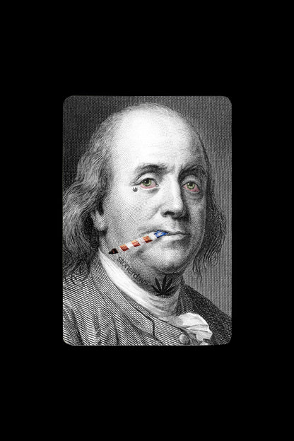 A stylized portrait of Benjamin Franklin on a $100 bill with cannabis leaf and smoking accessory details overlaid.