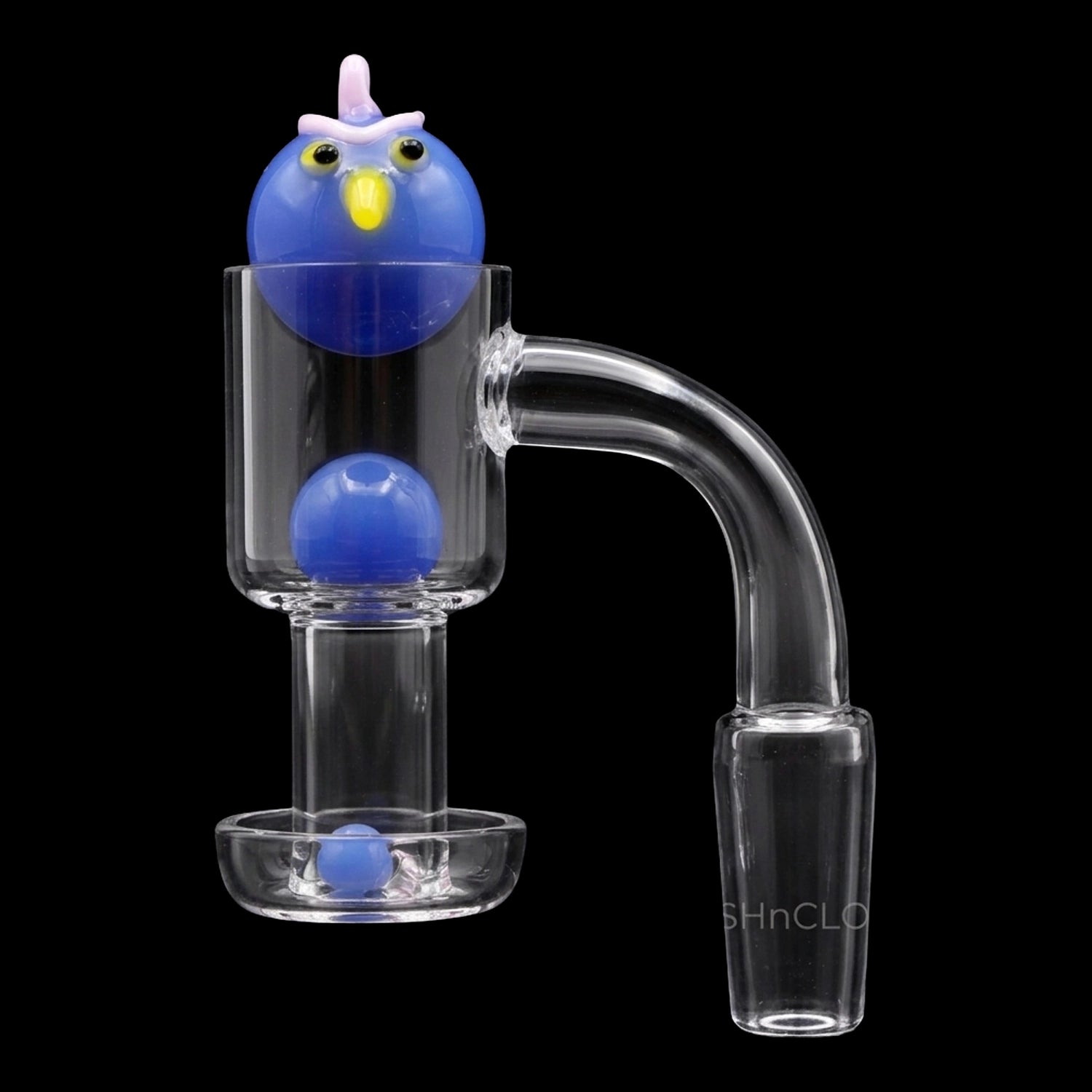 Close-up front view of the Smoke Cartel Angry Bird Terp Slurper Banger Set - 14mm showing a blue bird-shaped carb cap perched atop the clear glass banger against a black background.