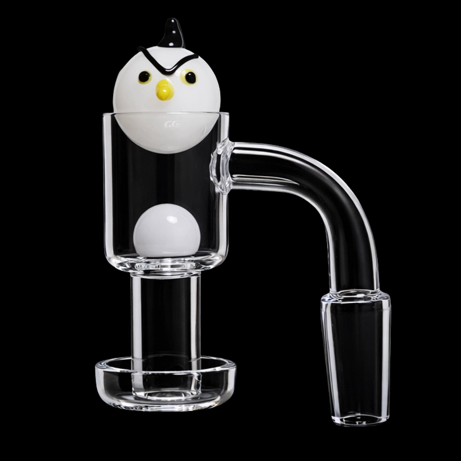 Close-up, front view of the Smoke Cartel Angry Bird Terp Slurper Banger Set - 14mm showing a white angry-bird carb cap seated atop the clear glass banger against a black background