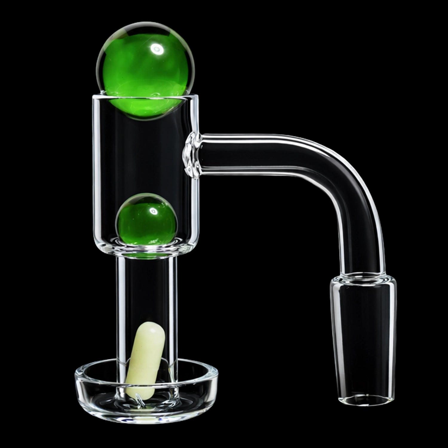 Close-up on a clear glass 90-degree joint with two glossy red-green terp beads, showing the Smoke Cartel Banger Set with Color Terp Beads - 90 degree - Male 14mm from a slightly angled front view against a black background.